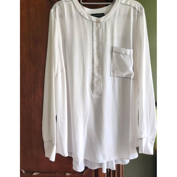 Lane Bryant Lng Slv Chiffon Blouse Pocket White w/ Black Whip Stitching Sz 18/20 - Picture 2 of 12